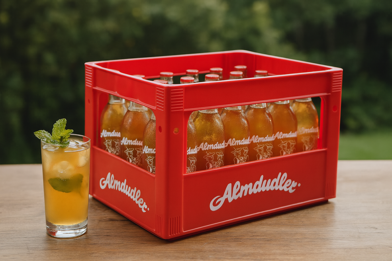 eine kiste almdudler im vordergrund ist ein glas eingeschenkt mit almdudler