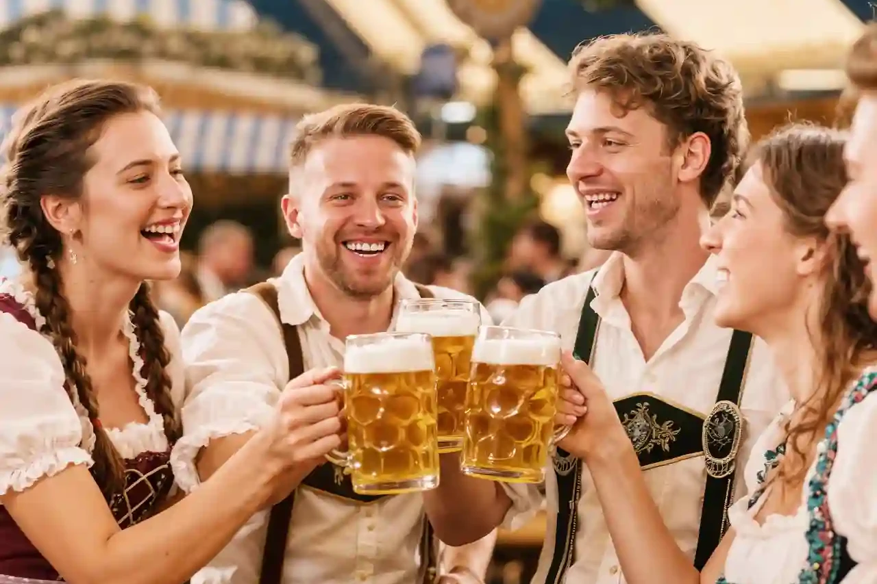 freunde im bierzelt stoßen mit bier an